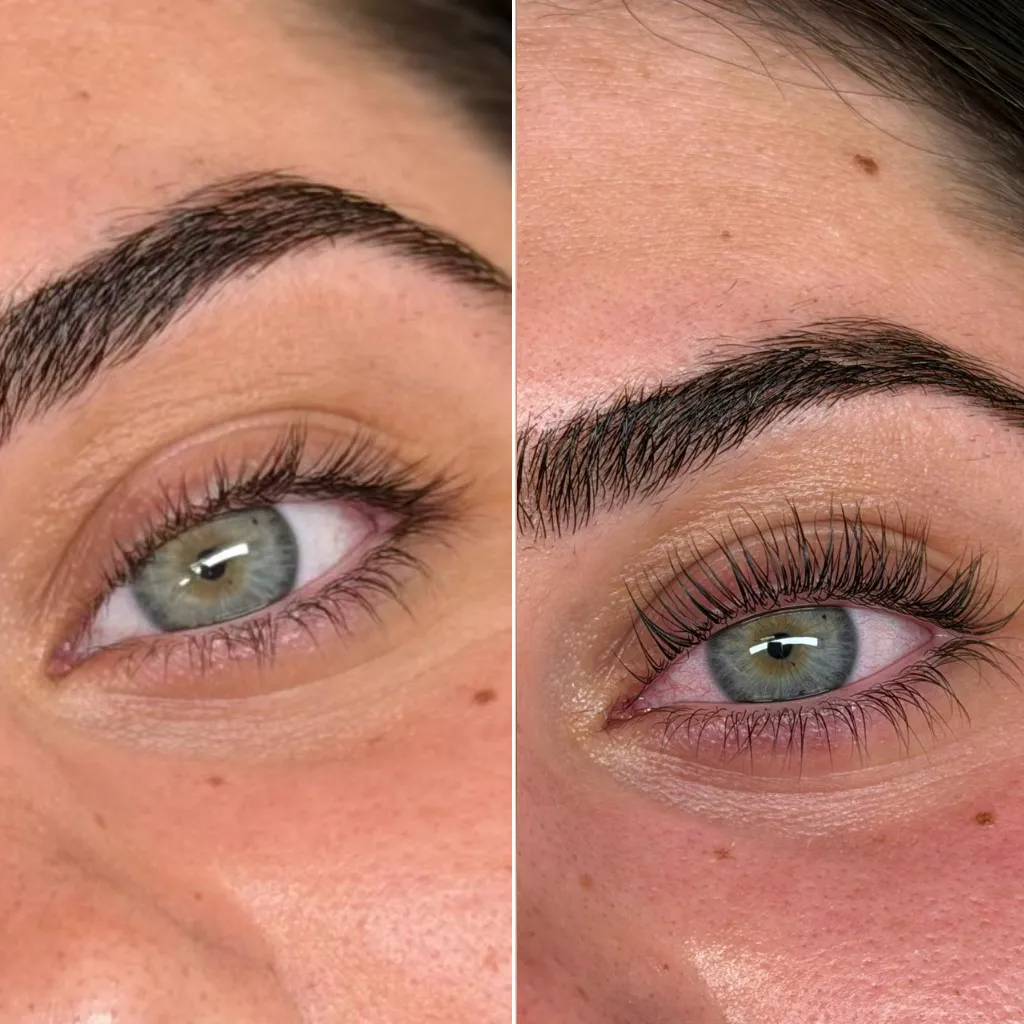 Close-up of lashes before and after a Korean Lash Lift